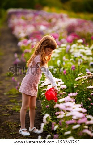 beautiful girl with red hair watering flowers asters