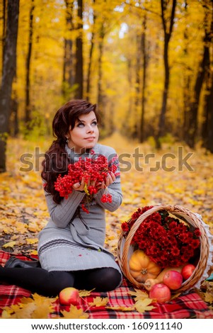 series. autumn picnic, a beautiful girl in the woods