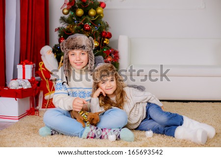 Happy kids playing with dog chihuahua near the Christmas tree