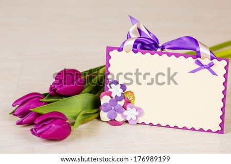 tulips and post card. March 8th, mother\'s day, valentine\'s day, International Women\'s Day, lilac, congratulate, celebrate