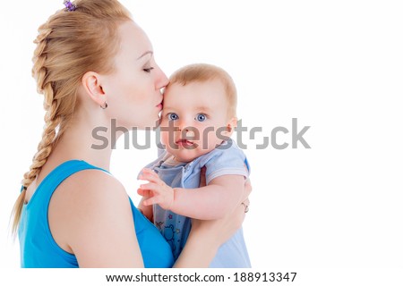 mother and child communication,  isolated on white background, mom kissing baby