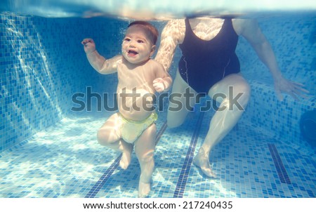 beautiful little girl swims underwater. child development, disease prevention