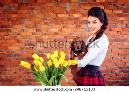 beautiful girl with a dog dachshund and a bouquet of tulips. International Women\'s Day. On March 8, Mother\'s Day, Valentine\'s Day