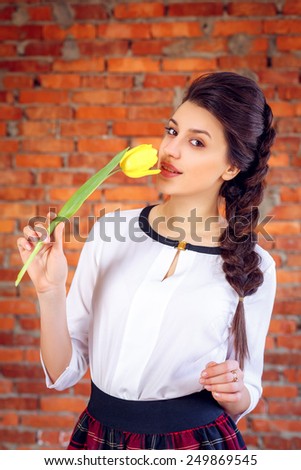 beautiful girl with tulips.  International Women\'s Day, Valentine\'s Day, March 8, Mother\'s Day