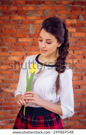 beautiful girl with tulips. close-up, International Women\'s Day, Valentine\'s Day, March 8, Mother\'s Day