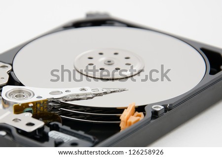 close up of hard disk plate and reader head