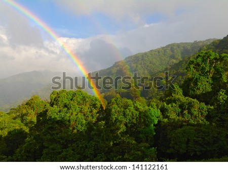 Rainbow in Boquete. Days with mixed blue skies, clouds, rain or drizzle, sun, and rainbows are common in Boquete, Panama.