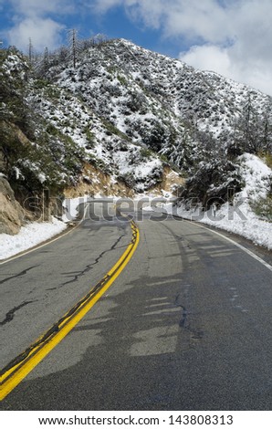 Snow in the San Gabriel Mountains, Angeles Crest Highway, Los Angeles County, CA, USA. Photo taken in 2013.