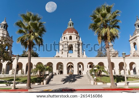 Pasadena City Hall east entrance. The moon was shot separately and digitally merged. The Pasadena City Hall is an iconic building in Pasadena, California, USA.