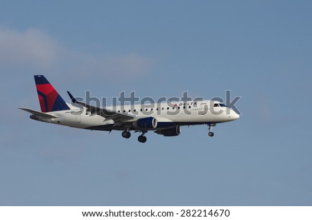 LOS ANGELES, CA, USA - MAY 25 - Delta Connection (Embraer 175, reg N630CZ) arriving at the Los Angeles International Airport (LAX) is shown on May 25, 2015 in Los Angeles, California, USA.