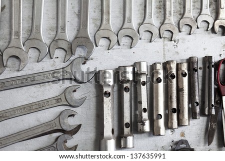 Wall of auto workshop set up with various wrenches