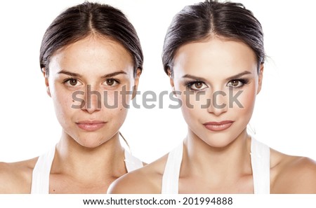 comparison portrait of a girl with and without makeup