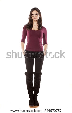Front View Of Pretty Young Woman, Standing On White Background Stock