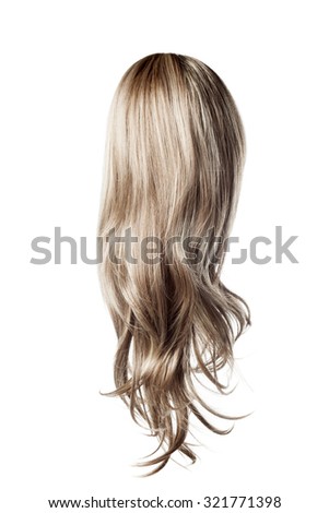 long curly gray wig on a white background