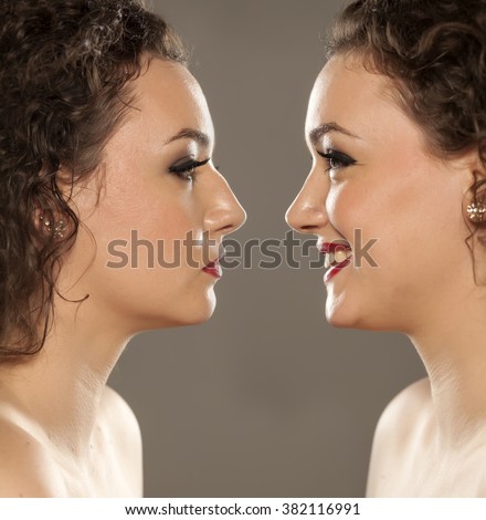 comparison portrait of a woman  before and after nose correction
