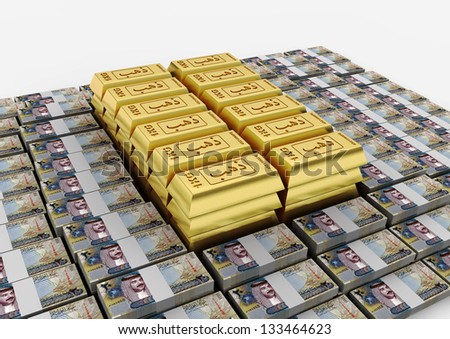 3D gold bar with gold word printed in Arabic and Bahrain money on isolated white background