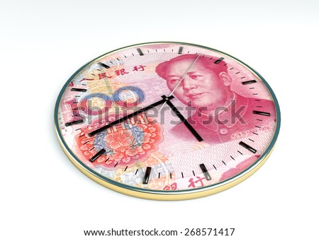 3d clock with china currency printer inside it isolated on white background