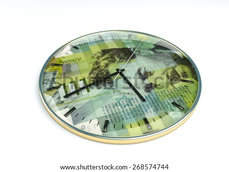 3d clock with Israel currency printer inside it isolated on white background
