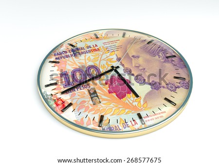3d clock with Argentina currency printer inside it isolated on white background