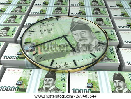 3D clock on piles and stack of South Korea money