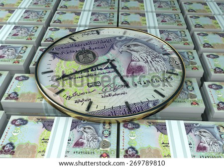3d clock with United Arab of Emirates currency printed inside it on piles,stack of emirates money