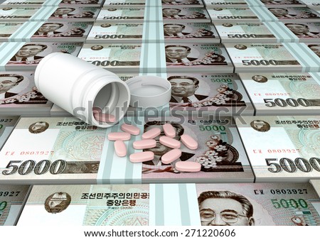 close up of 3D medicine, tablets pills on top of north Korean money