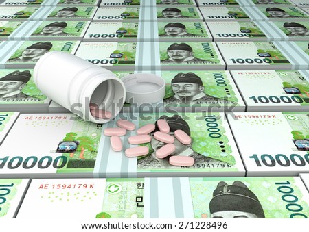 close up of 3D medicine, tablets pills on top of south Korea money