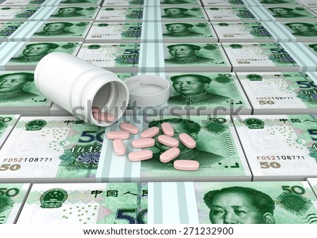 close up of 3D medicine, tablets pills on top of China money