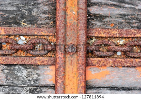 The old truck floor with chain line under metal line background
