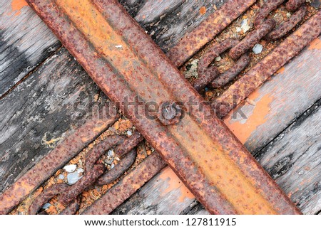 The old truck floor with chain line under metal line background
