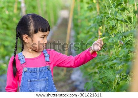 Little girl check product in the green garden after plantation
