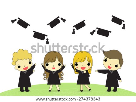 four graduate standup with happy emotion and floating hat.