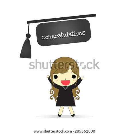 graduate girl with happy emotion and big hat has text \