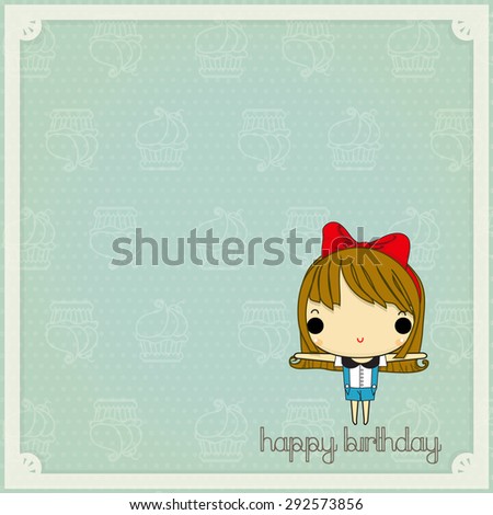cute girl with happy emotion on cup cake backgroun with white frame and text 