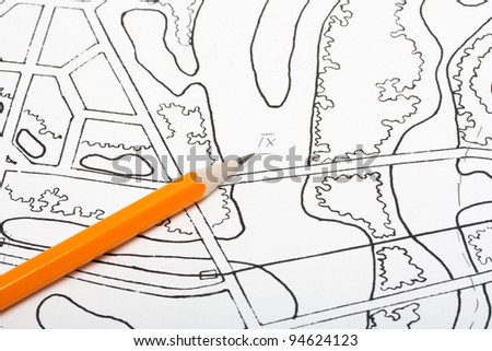 pencil on architectural drawings plan city river concept