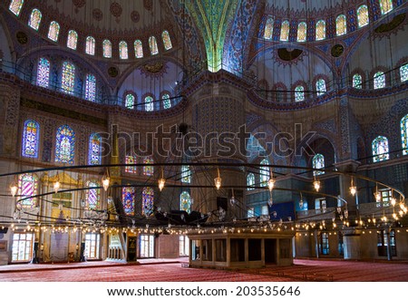 Interior Blue Mosque, Sultanahmet, landmark Istanbul, Turkey. inside of the Sultanahmet Mosque on Istanbul, Turkey.