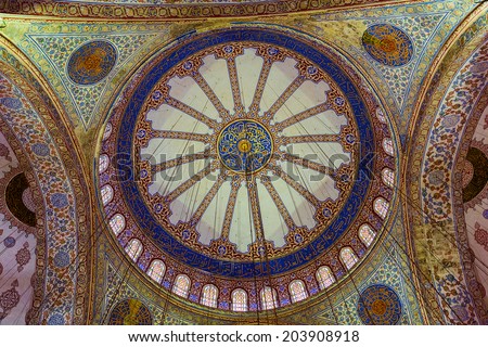 Interior Blue Mosque, Sultanahmet, landmark Istanbul, Turkey. inside of the Sultanahmet Mosque in Istanbul, Turkey.