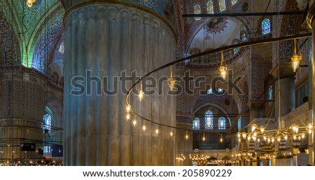ISTANBUL - MAY 01, 2014: Interior Blue Mosque, Sultanahmet, landmark Istanbul, Turkey. inside of the Sultanahmet Mosque on May 01 2014 in Istanbul, Turkey.