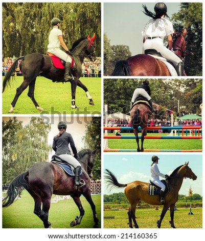 Collage of rider on horse vintage retro