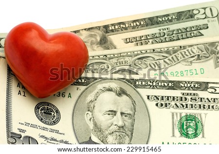 Heart on dollar concepts isolated on white