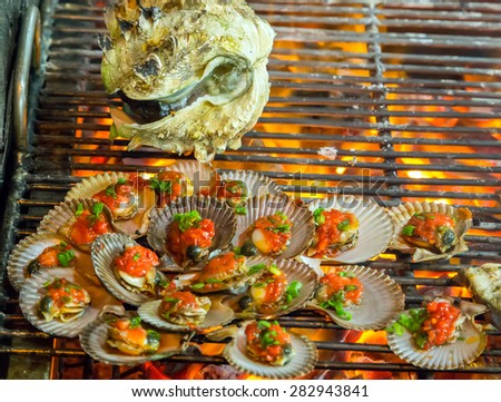 mussels Barbecue Grill cooking seafood. background eat Restaurant