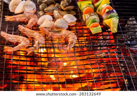 Barbecue Grill shrimp cooking seafood. background eat Restaurant