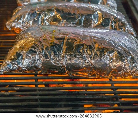 Barbecue Grill cooking seafood. background eat Restaurant