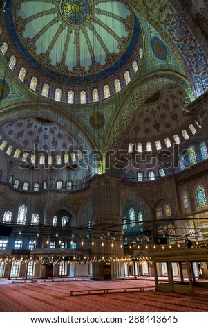 Interior of the famous Blue Mosque. Sultanahmet Mosque in Istanbul, Turkey