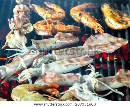 Barbecue Seafood. Cooking on grill background food