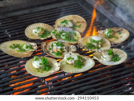 Barbecue Grill cooking seafood. background eat Restaurant