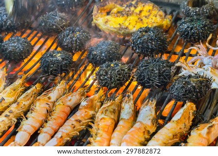prawn Grilled. Background eat Barbecue Grill seafood.