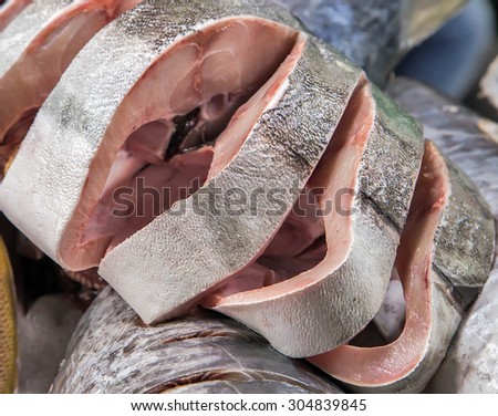 meat fish on ice sea market. Seafood on ice, background Sea food