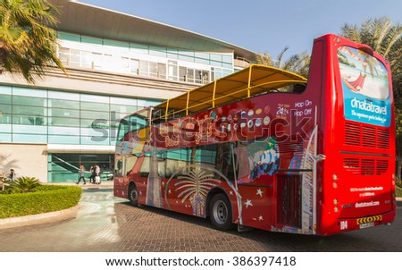 DUBAI, UAE - JANUARY 26: Big Bus journey Dubai, The Day Tour is a hop-on, hop-off sightseeing tour of Dubai, with a personal recorded commentary available 12 languages. Dubai, UAE circa January 2016