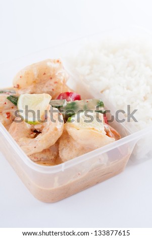 Thai take away food, prawn lemon sauce with rice
